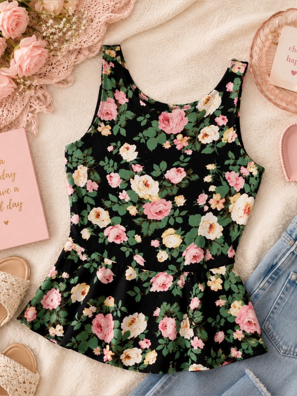 Tea n Rose Black and Floral Rose Print Sleeveless Peplum Tank Top